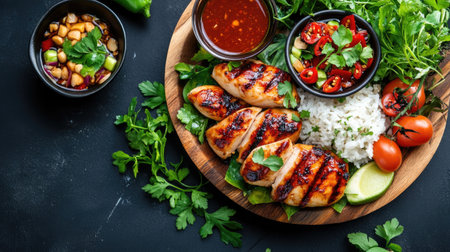 Experience the beauty of grilled chicken served with fresh vegetables, sauces, and aromatic herbs on a rustic wooden platter, perfect for a healthy meal.の素材