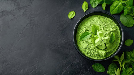 A vibrant green powder sits in a dark bowl, surrounded by fresh herbs and leaves, showcasing natural ingredients ideal for health, cooking, and wellness.の素材