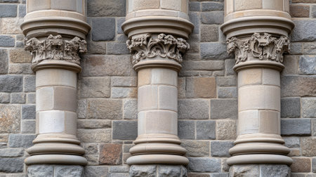 Explore the intricate designs and craftsmanship of detailed stone columns set against a historic wall, showcasing artistry and architectural beauty.の素材