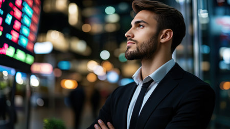 A focused businessman in a sleek suit contemplates investments as he observes the stock market display in a modern urban setting at night.の素材