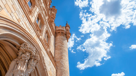 A stunning view of an ornate stone castle tower set against a vivid blue sky filled with fluffy clouds. Perfect for themes of history and travel.の素材