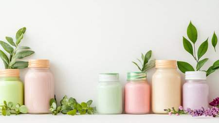 A harmonious arrangement of colorful jars filled with natural ingredients. The jars, styled with wooden lids, are complemented by fresh leaves and flowers, enhancing a peaceful and aesthetic vibe.の素材