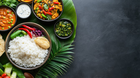 A stunning arrangement of Indian dishes featuring fragrant rice and assorted vegetables, showcasing vibrant colors and rich flavors. Perfect for food lovers.の素材