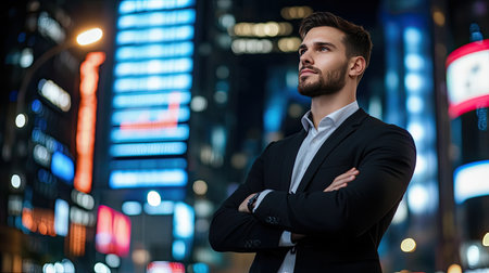 A confident young man in a business suit stands thoughtfully against the vibrant city lights at night, embodying ambition and professional spirit in an urban setting.の素材