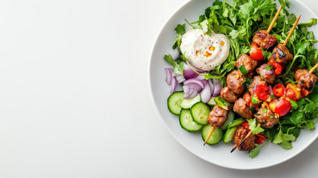 Indulge in delicious grilled meat skewers served with a fresh salad featuring vibrant vegetables. Perfect for nutritious meal planning or entertaining guests.の素材
