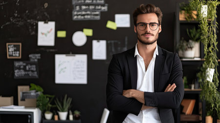 A confident young businessman poses in a stylish modern office surrounded by greenery and inspirational notes, reflecting a creative professional environment.の素材