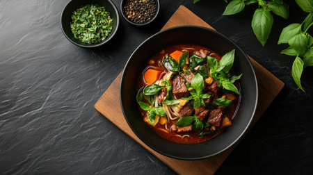 A vibrant bowl of aromatic beef noodle soup featuring fresh herbs and spices. Perfect for a cozy dinner, showcasing rich flavors and colorful ingredients.の素材