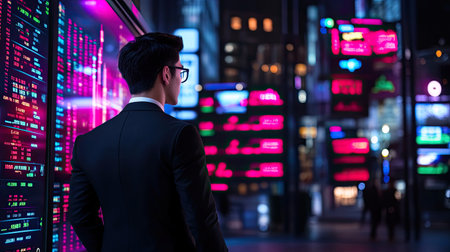 A businessman stands in the vibrant financial district, intently viewing stock market data on illuminated displays amidst the city's bustling nightlife, embodying modern investment and technology.の素材