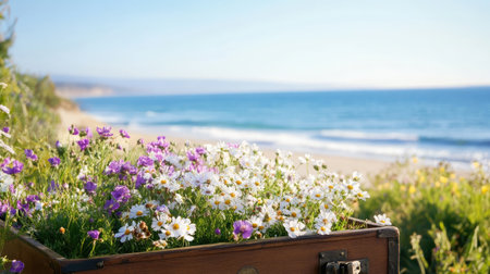 A charming composition of white and purple flowers in a wooden box with the ocean in the background, capturing the essence of beauty and tranquility at the beach.の素材