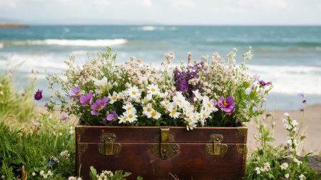 A rustic wooden chest brimming with vibrant wildflowers sits by the sea, creating a charming and serene coastal scene perfect for evoking feelings of tranquility and nature.の素材