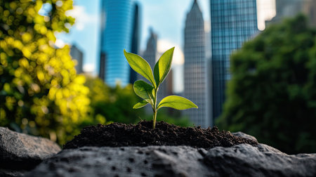 A vibrant green plant emerges from rich soil, symbolizing growth and resilience in an urban landscape with towering skyscrapers in the background.の素材