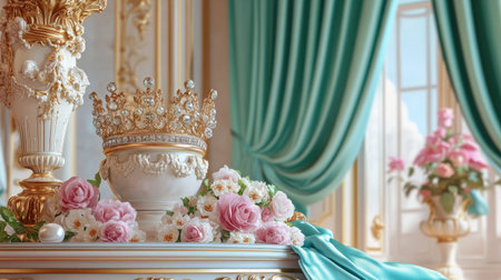 A stunning crown rests amid a beautiful floral arrangement, set in a luxurious interior. Soft colors and elegant decor create a serene and opulent atmosphere.の素材