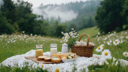 Enjoy a peaceful outdoor picnic scene featuring delicious snacks and refreshing drinks surrounded by vibrant flowers in a serene natural setting.の素材