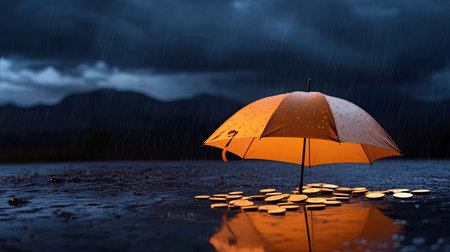 A vibrant orange umbrella stands alone in a rainy landscape, surrounded by dark clouds and reflections on water, evoking feelings of solitude and beauty.の素材