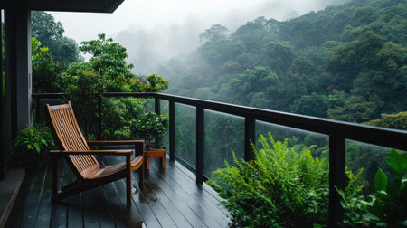 A serene wooden chair rests on a balcony, surrounded by vibrant greenery, overlooking a misty forest. Perfect for moments of tranquility and relaxation.の素材