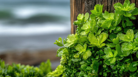 Close-up of vibrant green succulent plants thriving on a weathered wood post, showcasing nature's beauty and resilience against a serene coastal backdrop.の素材