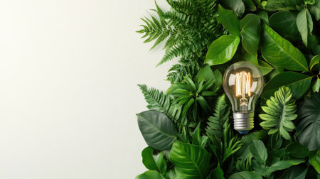 A creative arrangement of a light bulb among lush green leaves on a neutral backdrop. This image symbolizes sustainability and the harmony between nature and technology.の素材