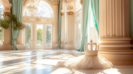 A stunning royal interior featuring a delicate crown and a wedding dress elegantly placed on the floor, illuminated by gentle sunlight filtering through grand windows.の素材