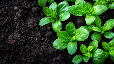 Vibrant green plant leaves emerge from dark, rich soil, symbolizing growth and vitality. This close-up captures the essence of nature's beauty and sustainability.の素材