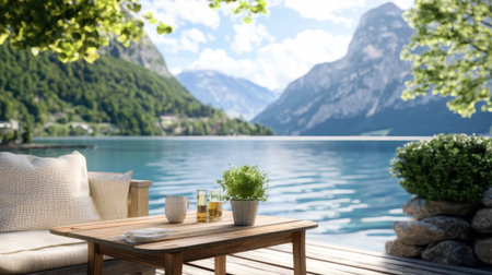 Discover a tranquil lakeside scene featuring a wooden table and cozy seating. The serene environment invites relaxation amidst beautiful natural landscapes.の素材