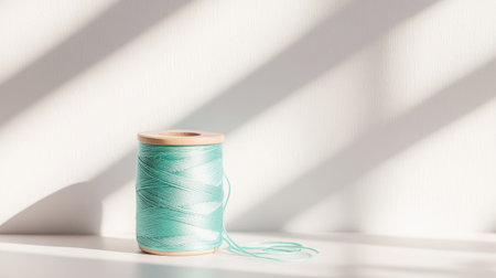 A beautifully arranged mint green thread spool casts soft shadows in warm sunlight, creating a serene and artistic atmosphere perfect for crafting and creativity.の素材