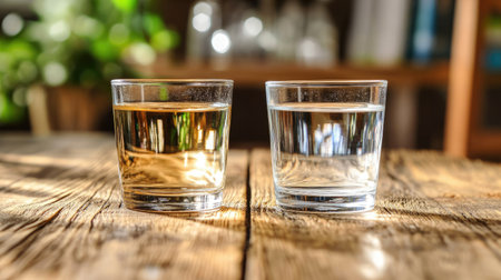 Two glasses of water, one clear and one reflecting soft hues, sit on a rustic wooden table, showcasing purity and hydration in a serene environment.の素材