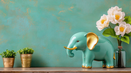 A charming decorative elephant figurine in turquoise color, accompanied by elegant flowers and potted plants, creates a serene ambiance for any home interior.の素材