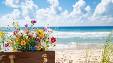 A vintage suitcase overflowing with vibrant flowers set against a stunning beach backdrop. Perfect for travel, nature, and summer themes.の素材