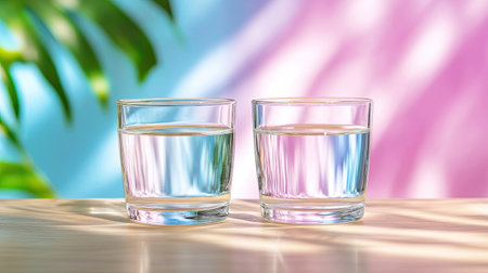 Two clear glasses filled with water sit on a wooden surface against a vibrant, colorful background, showcasing clarity, freshness, and serenity in a modern setting.の素材