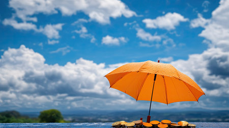 An orange umbrella stands protectively over scattered coins against a bright cloudy sky, symbolizing wealth and financial security amidst nature's beauty.の素材