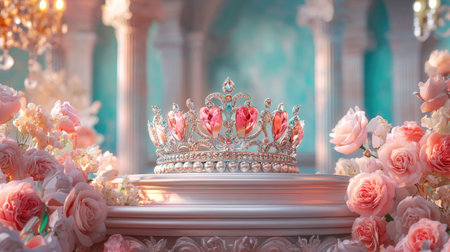An elegant crown adorned with sparkling gems rests atop a beautiful pedestal, surrounded by soft pink roses. This enchanting scene captures luxury and romance, perfect for celebratory themes.の素材