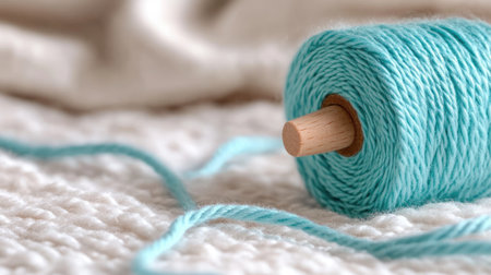A closeup of a light blue thread spool resting on a woven fabric surface, perfect for crafting or sewing projects, adding a touch of creativity to any workspace.の素材