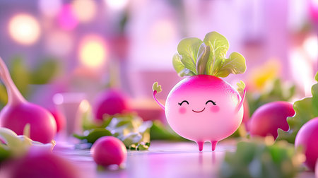 A cheerful radish character smiles amid vibrant vegetables, radiating playfulness and joy. This colorful scene is perfect for promoting healthy eating and nature.の素材