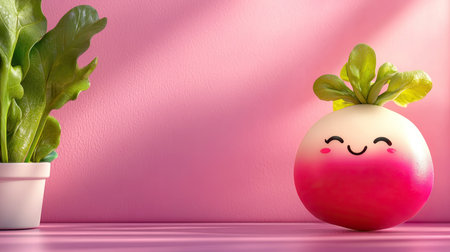 This adorable radish character features a smiling face and vibrant colors against a pastel pink background, perfect for playful decor or fresh food art.の素材