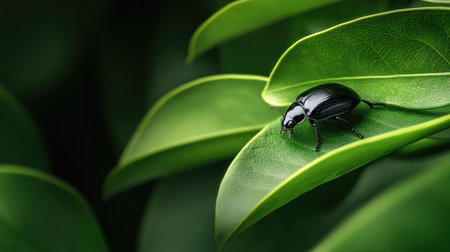 A striking black beetle rests on vibrant green leaves, showcasing intricate details. The image captures nature beauty and highlights the delicate balance of ecosystems.の素材
