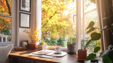 A serene autumn scene featuring a bright window with colorful foliage outside. Sunlight illuminates a cozy workspace filled with plants and natural decor.の素材