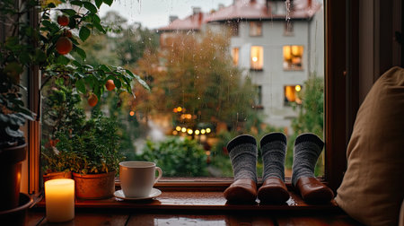 A serene window view featuring rain, cozy socks and boots, a warm beverage, and a flickering candle, creating a perfect atmosphere for relaxation and comfort.の素材