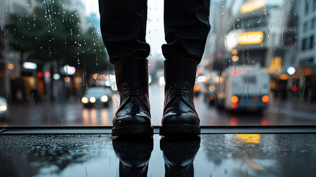 A stylish pair of boots stand on a wet surface, reflecting the hustle of a rainy urban scene. The blurred city lights and raindrops create a moody atmosphere.の素材