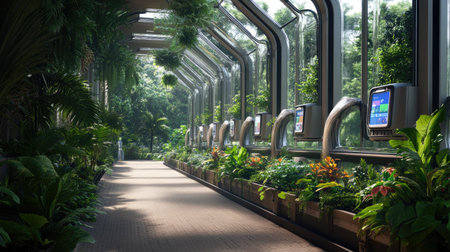 A modern botanical conservatory showcasing vibrant greenery and innovative technology. This serene indoor space invites exploration and celebrates nature's beauty.の素材