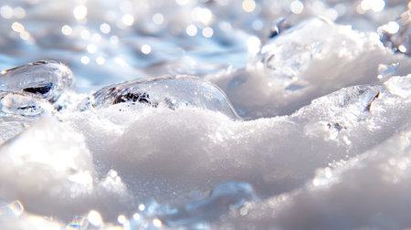 A close-up view of sparkling water with bubbles and ice, capturing a serene and refreshing moment illuminated by sunlight, perfect for nature-themed projects.の素材
