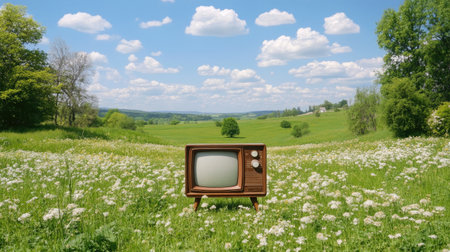 Charming vintage television set stands alone in a vibrant green field, surrounded by fluffy clouds and a bright blue sky, evoking nostalgia and creativity.の素材