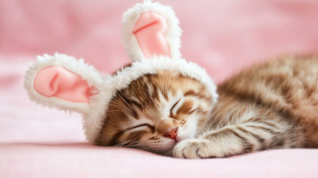 A charming and adorable kitten wearing fluffy bunny ears peacefully sleeps on a soft pink surface, capturing the essence of cuteness and tranquility.の素材