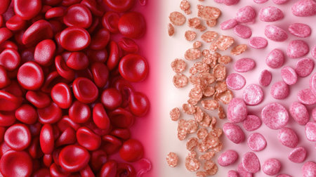 This close-up image showcases red blood cells alongside other cell structures. It highlights the intricate details and vibrant colors, symbolizing blood and health.の素材