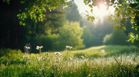 A beautiful meadow filled with delicate wildflowers glistening in the soft morning light. The serene landscape showcases lush greenery and a peaceful atmosphere, perfect for nature lovers.の素材