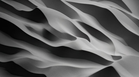 Intricate patterns of light and shadow create a dynamic abstract composition, showcasing the elegance and fluidity of natural sand dunes in black and white.の素材
