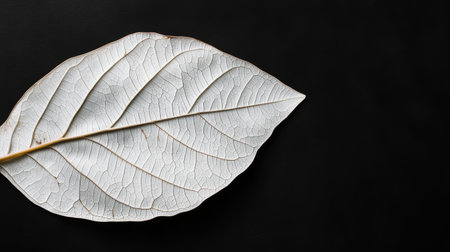 A delicate white leaf resting on a black background, showcasing intricate textures and details. Ideal for themes of nature, minimalism, and artistic expression.の素材