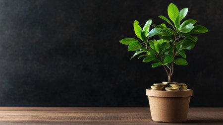 A small green plant emerges from a pot filled with coins, symbolizing growth and financial prosperity. This image captures the essence of nurturing investments and successful futures.の素材
