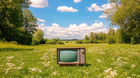 A vintage television sits on lush green grass in a picturesque countryside setting. The vibrant blue sky adorned with fluffy clouds creates a serene environment.の素材