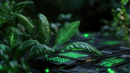 This image captures a blend of nature and technology, featuring glowing leaves on a circuit board, symbolizing innovation, sustainability, and eco-friendly design.の素材