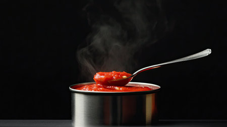 This image showcases a steaming bowl of fresh tomato sauce, served in a sleek stainless steel saucepan. The inviting red color and steam convey warmth and deliciousness, perfect for food enthusiasts.の素材